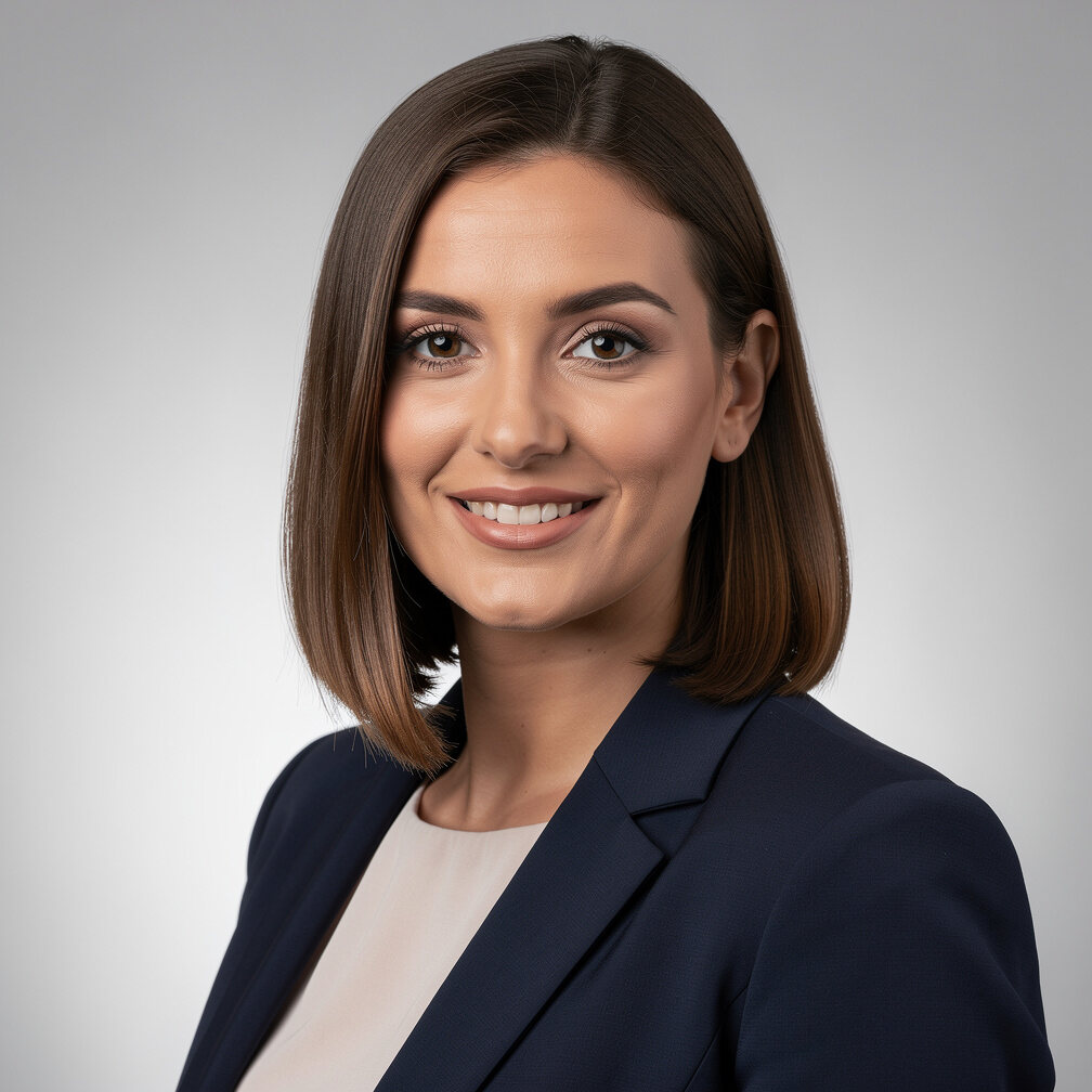 Studio portrait of a Belgian woman in business attire smiling