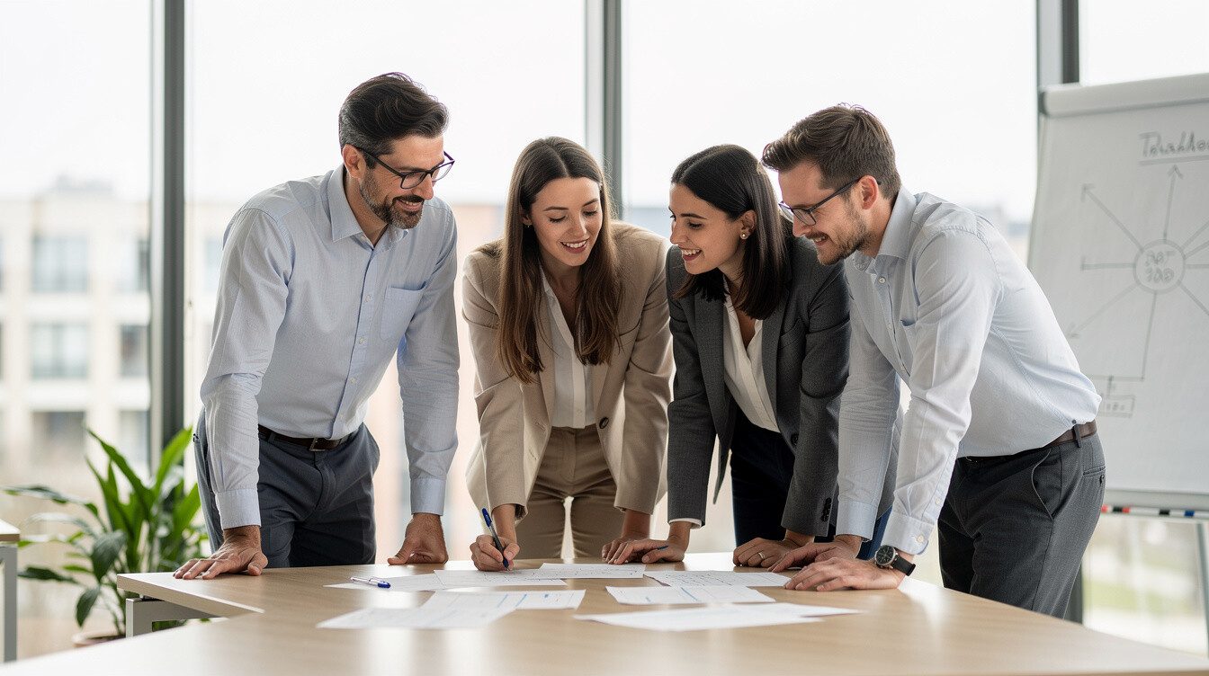 Small group of colleagues reviewing notes together in an open office