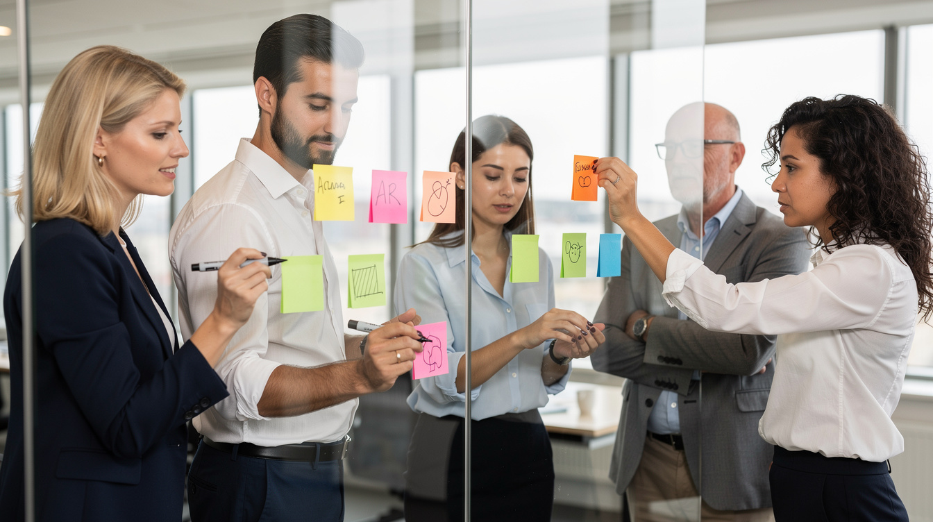Group of professionals writing ideas on sticky notes during a workshop