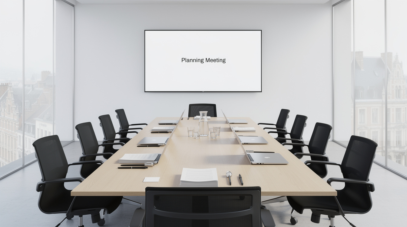 Modern boardroom with a long table prepared for a corporate planning meeting