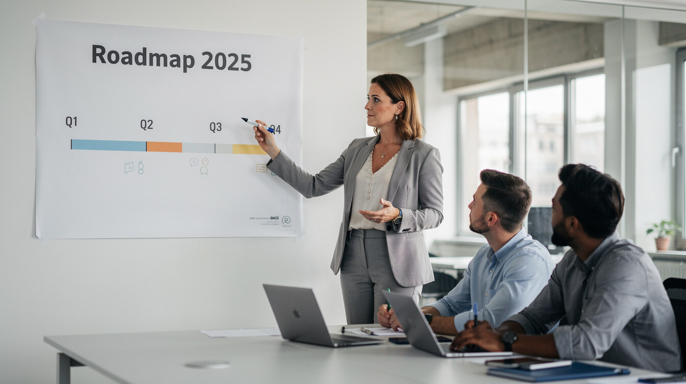 Presenter pointing at a printed roadmap chart during a meeting